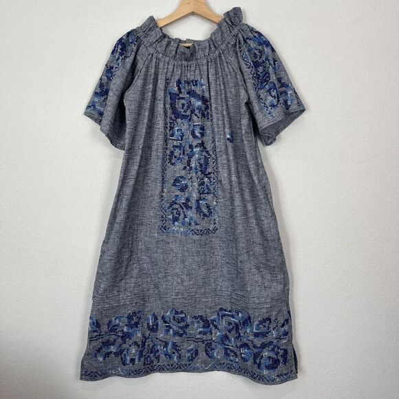 Margarita Mercantile Blue Chambray Embroidered Short Sleeve Dress Women’s Medium - Picture 1 of 6